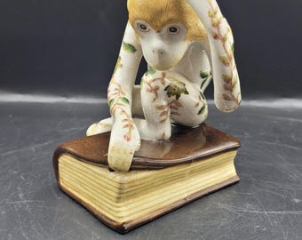 Vintage Chinese Chinoiserie Thinking Monkey on Book Crackle Glaze Ceramic Figurine Bird Flowers Leaves Pink Green