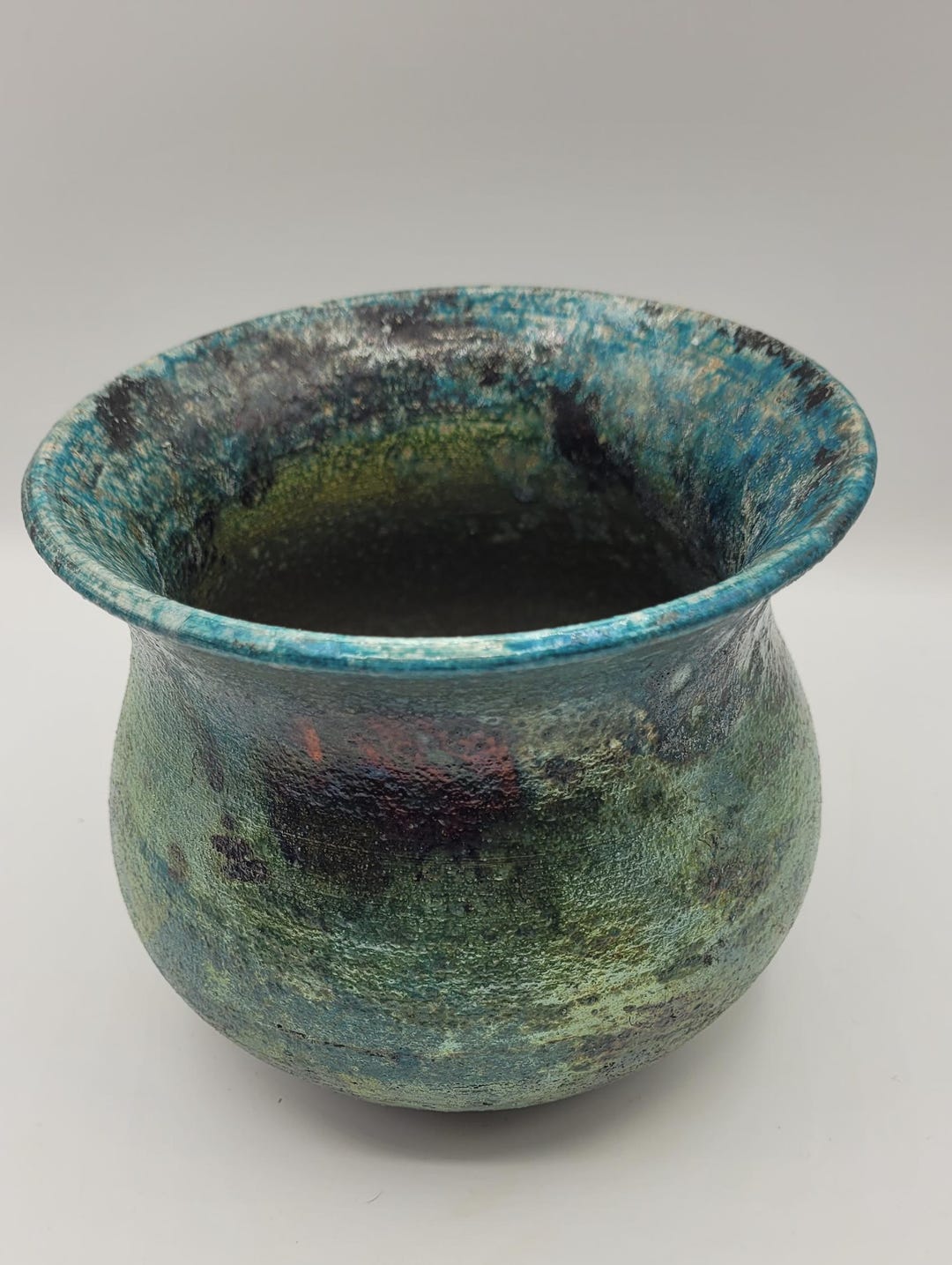 Raku Art Pottery Vase Planter Iridescent Glaze Blue Green Rough Texture ...