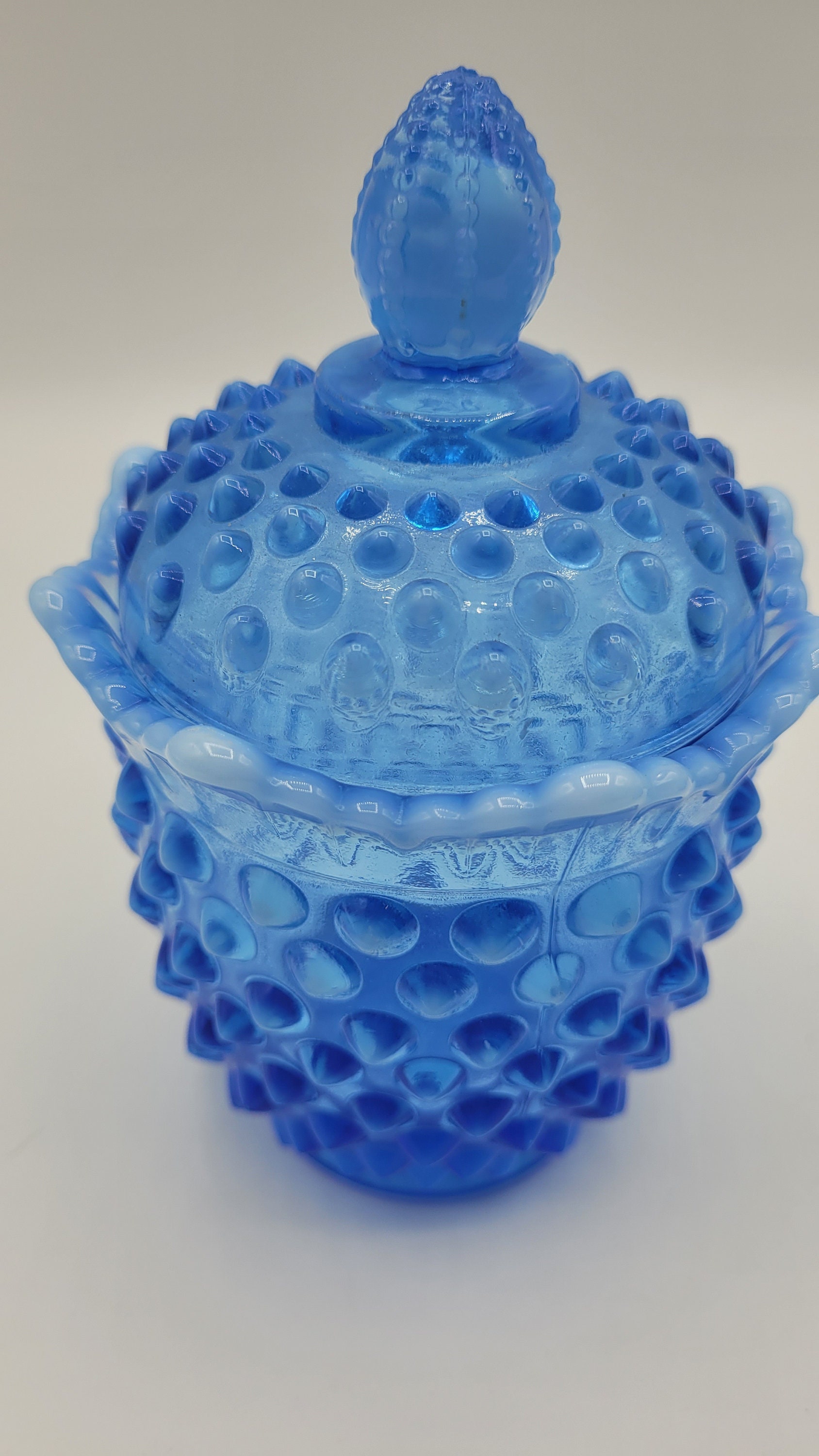 Vintage Fenton Blue Opalescent Hobnail Glass Creamer and Sugar Set With ...