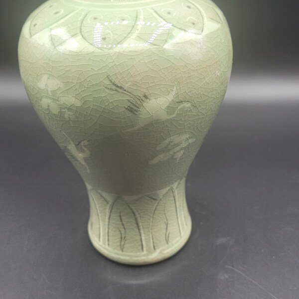 Celadon Korean Sage Green Vase Crackled Glaze Hand Painted Cranes Clouds Leaf Detail Signed