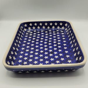 Boleslawiec Pools aardewerk blauw witte sterren rechthoekige ovenschaal van steengoed afbeelding 9
