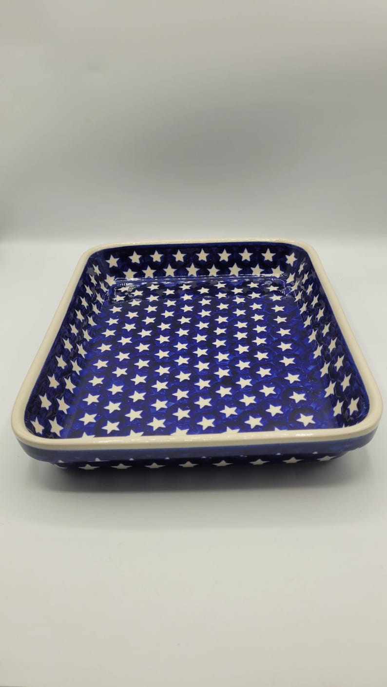 Boleslawiec Pools aardewerk blauw witte sterren rechthoekige ovenschaal van steengoed afbeelding 9