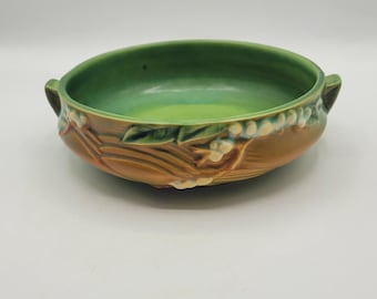 Vintage Roseville USA Snowberry Green Pottery Bowl Art Deco Handles Shallow