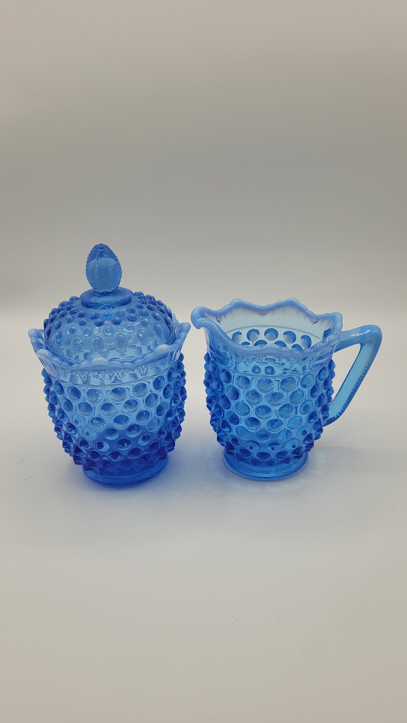 Vintage Fenton Blue Opalescent Hobnail Glass Creamer and