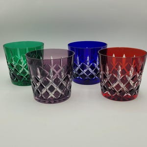Rare Vintage AJKA Cut to Clear Double Old Fashioned Crystal Glasses Set of Four Colorful Barware On the Rocks Crystal Glasses