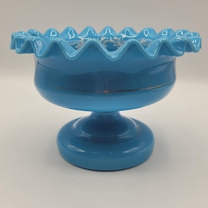 Puede incluir: Un cuenco de pedestal azul claro de estilo vintage con un borde con volantes. El cuenco presenta una base redonda y una banda dorada decorativa. Patrones florales blancos adornan el borde interior. Una pieza decorativa para servir o exhibir.