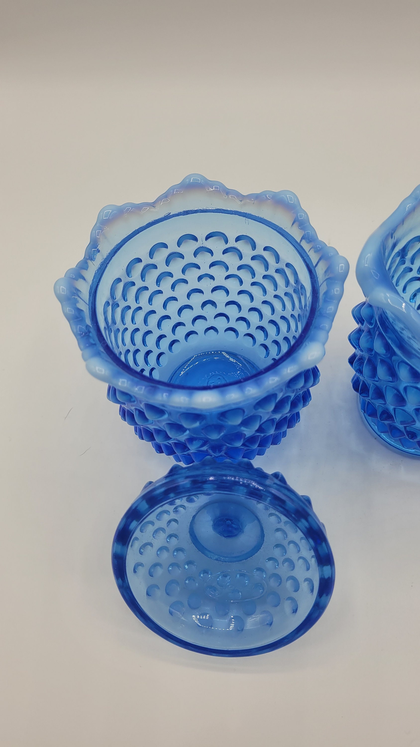 Vintage Fenton Blue Opalescent Hobnail Glass Creamer and