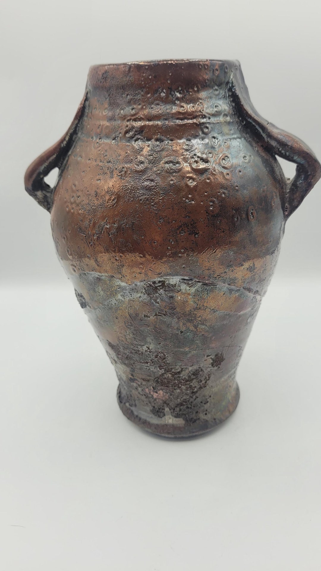 Raku Pottery Vase Bronze Copper Iridescent Glaze Double Handled Urn ...