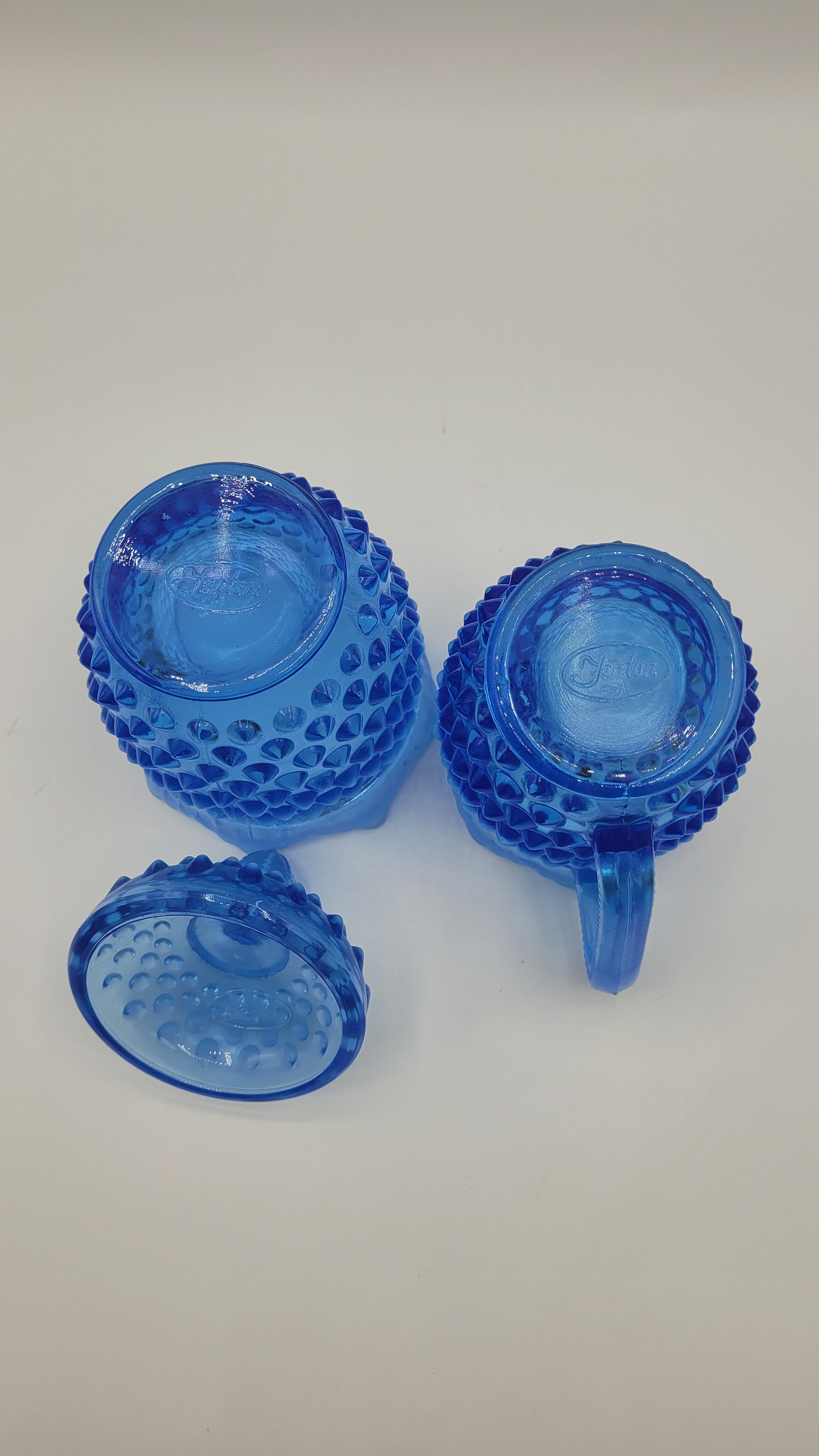 ビンテージ　フェントン　ブルーオパール シュガー＆クリーマー　デプレッション Vintage Fenton Blue Opalescent Hobnail Glass Creamer and