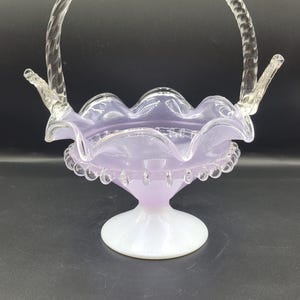 Vintage Bohemian Neodymium Opalescent Purple Lilac White Glass Basket Applied Clear  Riggery Leaves Pedestal Base Alexandrite Color Changing