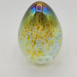 Vintage GES Glass Eye Studio Gold Art Glass Egg Paperweight Iridescent Controlled Bubbles Gold Iridescence Yellow Clear