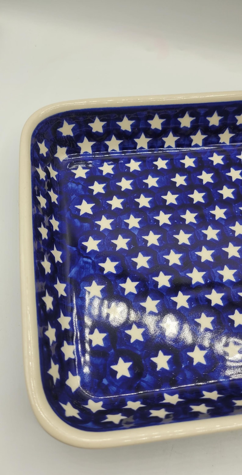 Boleslawiec Pools aardewerk blauw witte sterren rechthoekige ovenschaal van steengoed afbeelding 5