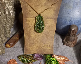 Handcrafted electroformed copper real fresh peppermint leaf covered with cold enamel pendant necklace in a natural style.