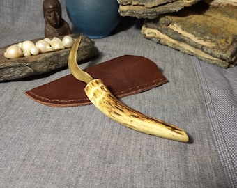Bronze herbal sickle (boline) with antler handle and Wiccan symbols. Leather scabbard