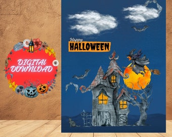 Halloween Greetings card with witches I Night Halloween card I Witch house I Halloween card with bats