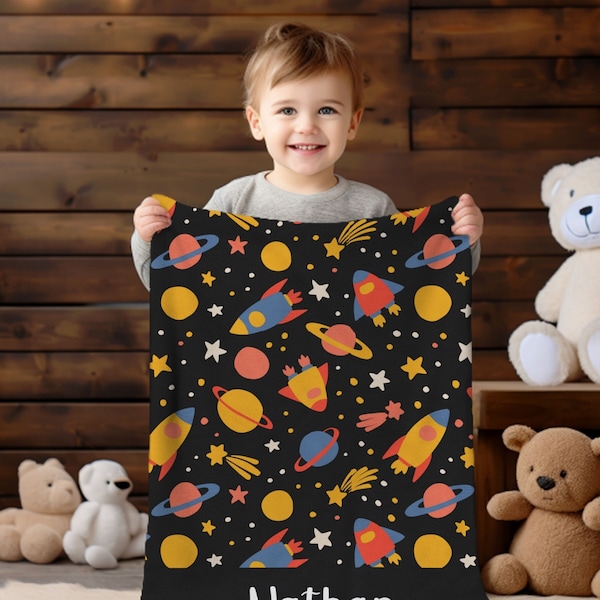 Space Theme Personalized Name Blanket Outerspace Custom-name Throwblanket Personal Baby Gift for New Mom gift Newborn Babyblanket for kids