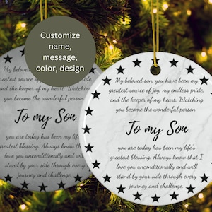 Adorno navideño personalizado para hijo, regalo de recuerdo para hijo, adorno navideño con mensaje sincero, regalo de mamá a hijo, carta personal de papá