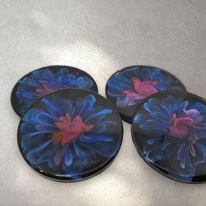 Handmade Resin Coasters Set Blue Flowers 4 Piece Set Unique Coasters 3D Blooms Floral Inspired Home Decor Housewarming Gift