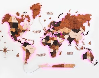Mapa del mundo de madera con LED: Arte de pared iluminado en 3D, mapa de viaje con chinchetas