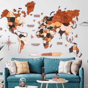 3D World Map for Wall, Travel Decor Wall Art, Wooden World Map Push Pins, Weltkarte Holz, Housewarming Home, Gift for Mom, Gift for Women