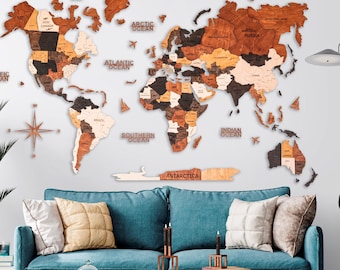 Mappa del mondo in legno 3D da parete: decorazione da viaggio con puntine da disegno