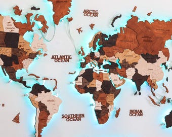 LED Backlit Wooden World Map: Travel Decor, Push Pin Board