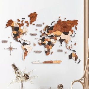 Mapa-múndi de madeira para parede, mapa de viagem 3D, presente de 5º aniversário, presente de inauguração, mapa de viagem para marcar lugares visitados, decoração de parede personalizada