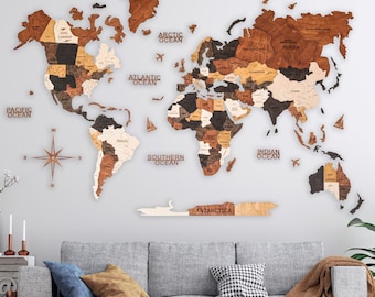 Mappa del mondo in legno 3D da parete: decorazione da viaggio con puntine da disegno