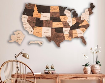 Mapa de parques nacionales, rastreador de viajes con chinchetas de EE. UU., arte de pared de madera para excursionistas.