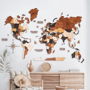 3D wereldkaart kunst aan de muur, push pin reiskaart, woondecoratie, houten kaart van de wereld, verjaardagscadeau voor vriend, geliefde, woonkamerdecor