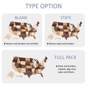 May include: Three different options for a wooden US map puzzle. The first option is blank, the second option shows state names and borders, and the third option is a full pack with state names, borders, capitals, big cities, lakes, and rivers.