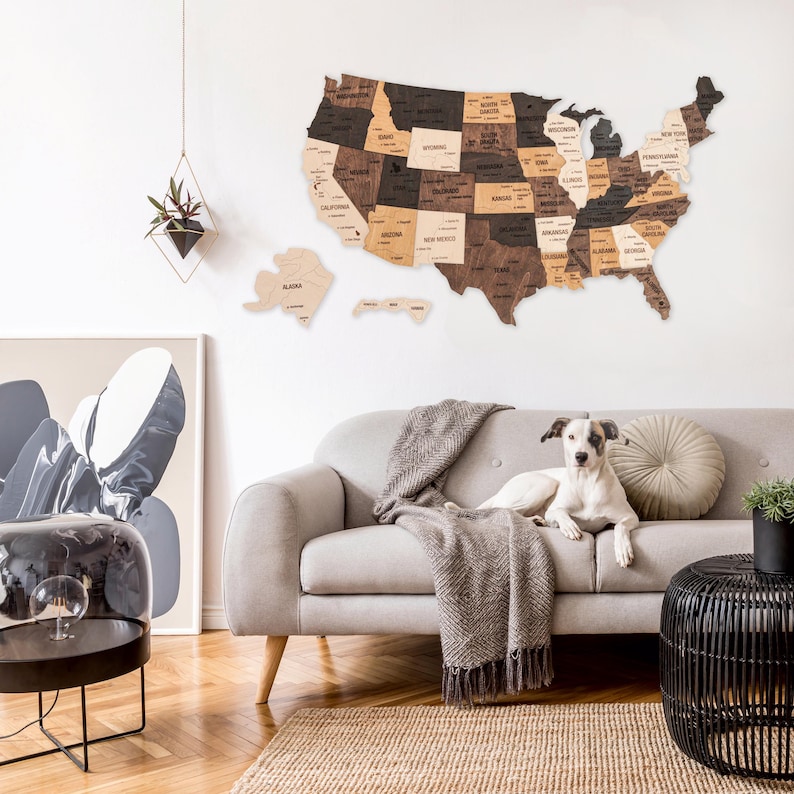 May include: A wooden map of the United States with each state outlined and labeled. The map is mounted on a white wall above a light gray couch with a brown throw blanket. A white dog is sitting on the couch.