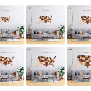 May include: A wooden map of the United States with each state a separate piece. The map is shown in various sizes, from small to extra large, with the dimensions listed in inches and centimeters. The map is displayed on a wall above a gray couch in a living room setting.