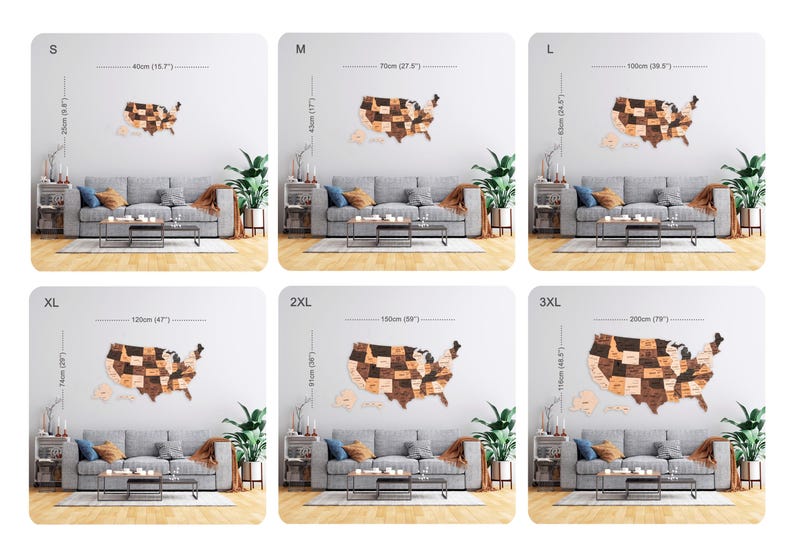 May include: A wooden map of the United States with each state a separate piece. The map is shown in various sizes, from small to extra large, with the dimensions listed in inches and centimeters. The map is displayed on a wall above a gray couch in a living room setting.