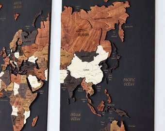 Arte de parede com mapa-múndi de madeira 3D: mapa de aventura de viagem com alfinete