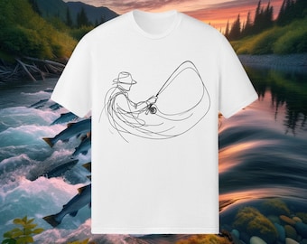 T-shirt d’art de ligne de pêche à la mouche - Tee graphique minimaliste de pêcheur - Chemise de passionné de pêche - Aventure en plein air - Vêtements cadeaux de pêcheur uniques