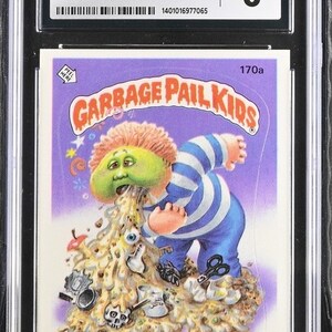 May include: A Garbage Pail Kids trading card featuring Richie Retch, a green-skinned character with pink hair, vomiting a pile of garbage. The card is graded NM/MINT 8 by CGC.