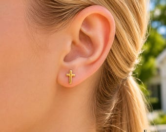 Sterling Silver Cross Stud Earrings, Minimalist Christian Jewelry