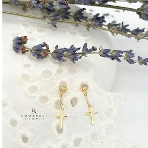 Sterling Silver Gold Cross Dangle Earring Christian Jewelry Faith Earring Religious Gift for Women Cross Dangle Earring Mom&#39;s Christian Gift