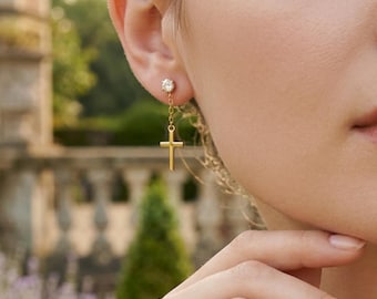 Gold Cross Dangle Earrings, Sterling Silver Christian Jewelry