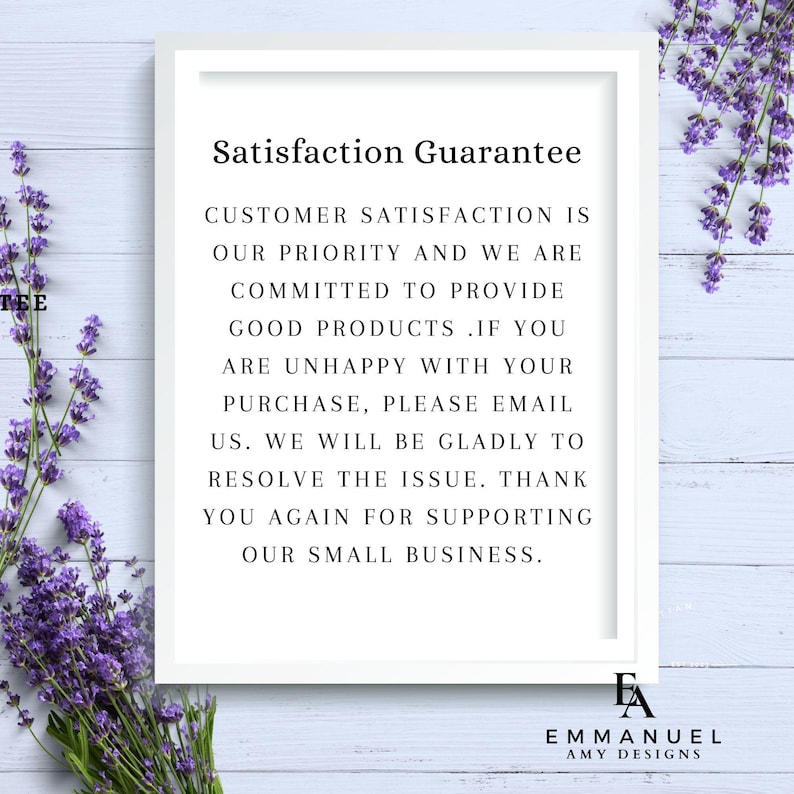 Peut inclure: Un panneau encadr&eacute; blanc avec le texte Satisfaction Guarantee, customer satisfaction is our priority and we are committed to provide good products. If you are unhappy with your purchase, please email us. We will be gladly to resolve the issue.