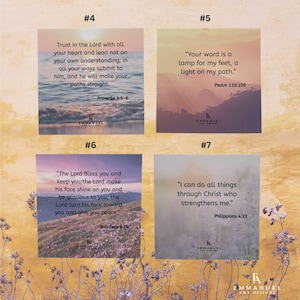 Peut inclure: Quatre impressions carr&eacute;es pr&eacute;sentant des paysages avec des versets bibliques inspirants. Les impressions incluent Proverbes 3:5-6 sur un oc&eacute;an, Psaume 119:105 sur des montagnes, Nombres 6:24 sur une colline fleurie et Philippiens 4:13 sur un fond flou.