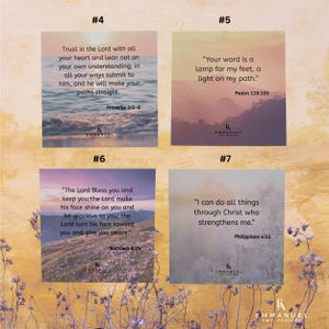 May include: Four square prints featuring landscape backgrounds and Bible verses. #4 shows ocean waves with Proverbs 3:5-6. #5 shows mountains with Psalm 119:105. #6 shows a field with Numbers 6:24. #7 shows a floral scene with Philippians 4:13.