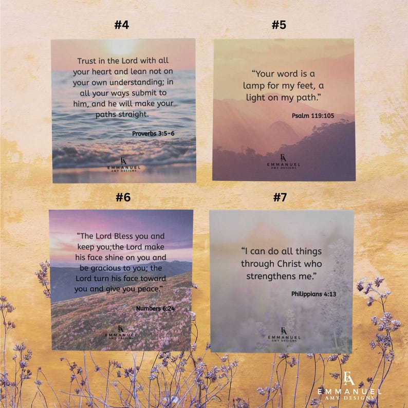May include: Four square prints featuring landscape backgrounds and Bible verses. #4 shows ocean waves with Proverbs 3:5-6. #5 shows mountains with Psalm 119:105. #6 shows a field with Numbers 6:24. #7 shows a floral scene with Philippians 4:13.