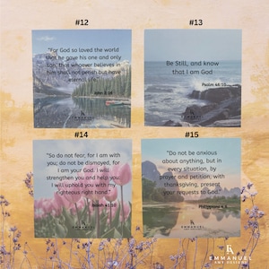 May include: Four square prints featuring nature photography and Bible verses. #12 shows a mountain lake with John 3:16. #13 depicts a rocky ocean shore with Psalm 46:10. #14 displays pink tulips with Isaiah 41:10. #15 shows a river landscape with Philippians 4:6.