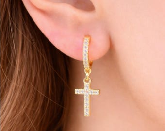 14K Gold Plated Cross Dangle Earrings, CZ Cross Earrings, Christian Jewelry, Faith Gift for Her, Religious Gift, Minimalist Jewelry