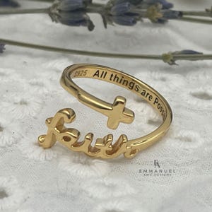 18K Yellow Gold Adjustable Cross Faith Ring Gold Christian Jewelry Gold Cross Ring Baptism Gift Religious Gift for Women Faith Jewelry