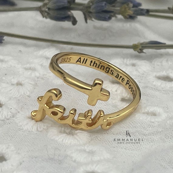 18K Yellow Gold Adjustable Cross Faith Ring Gold Christian Jewelry Gold Cross Ring Baptism Gift Religious Gift for Women Faith Jewelry