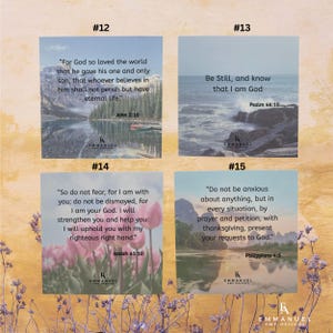 Peut inclure: Quatre impressions carr&eacute;es avec des paysages naturels et des versets bibliques. #12 montre un lac de montagne avec Jean 3:16. #13 d&eacute;peint un rivage rocheux avec Psaume 46:10. #14 affiche des tulipes roses avec &Eacute;sa&iuml;e 41:10. #15 montre une rivi&egrave;re avec Philippiens 4:6.