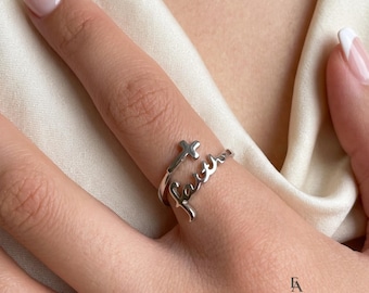 Adjustable Sterling Silver Cross Ring Christian Faith Jesus Ring Religious Jewelry Gift for Her Baptism Gift Women Jewelry
